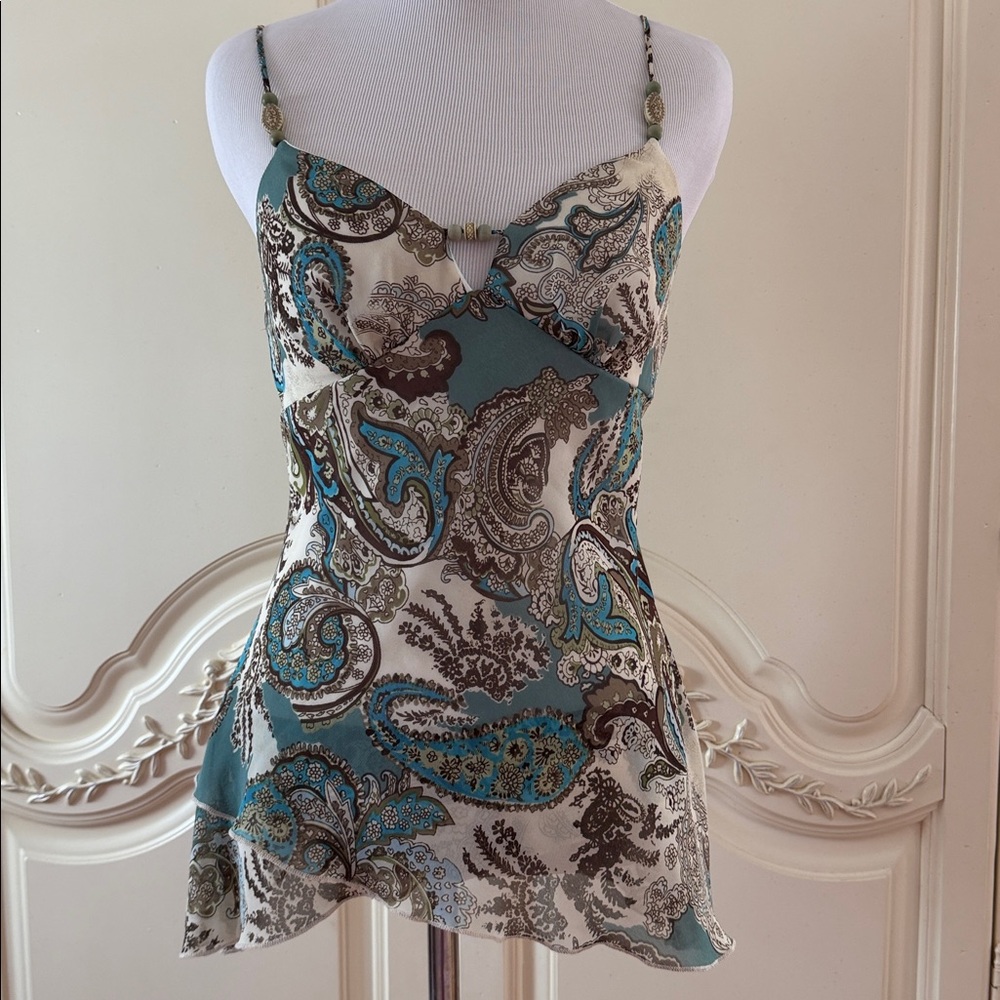 Beaded cami top camisole blouse tank asymmetrical, paisley Boho bohemian S sheer